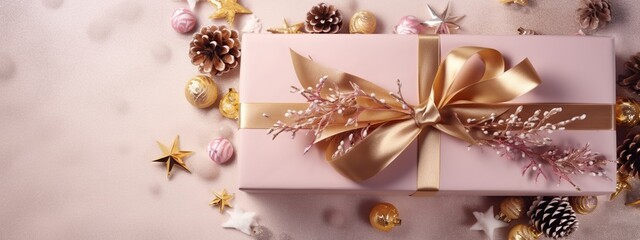 Beautiful golden gift box with ribbon and accessory seen  from top view. Holiday, valentine day, mother day and event celebration background. Generative AI