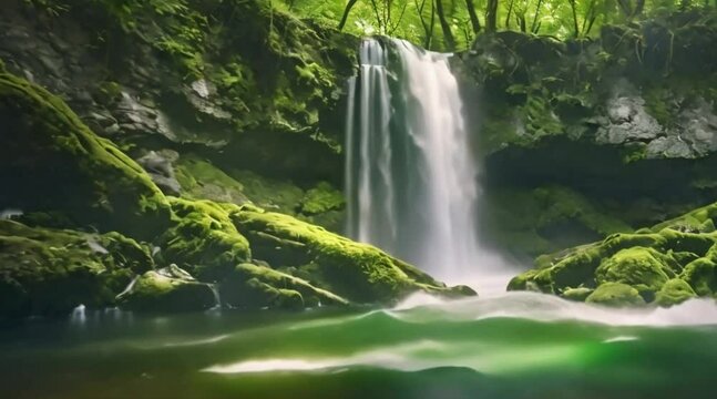 waterfall in a screne forest mystical fantasy fly tale and magical