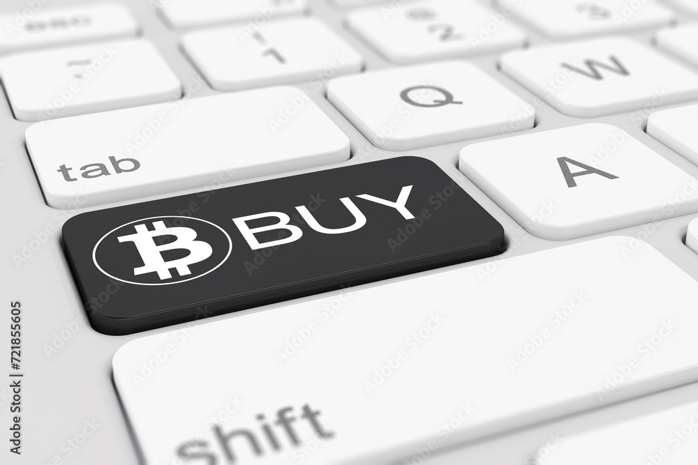 Poster 3d render of a white keyboard of a computer with a black key and the bitcoin logo as well as the tex
