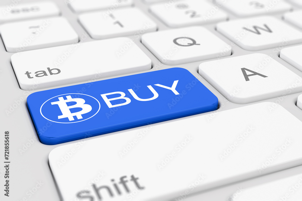 Poster 3d re3d render of a white keyboard of a computer with a blue key and the bitcoin logo as well as the