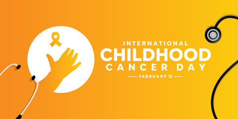 International Childhood Cancer Day (ICCD) is celebrated annually on February 15th. Hand, stethoscope and ribbon. Yellow background. Suitable for banners, posters, cards and more