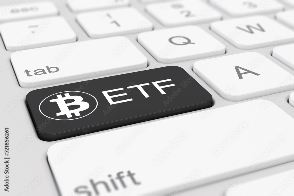 Poster 3d render of a white keyboard of a computer with a black key and the bitcoin logo as well as the tex