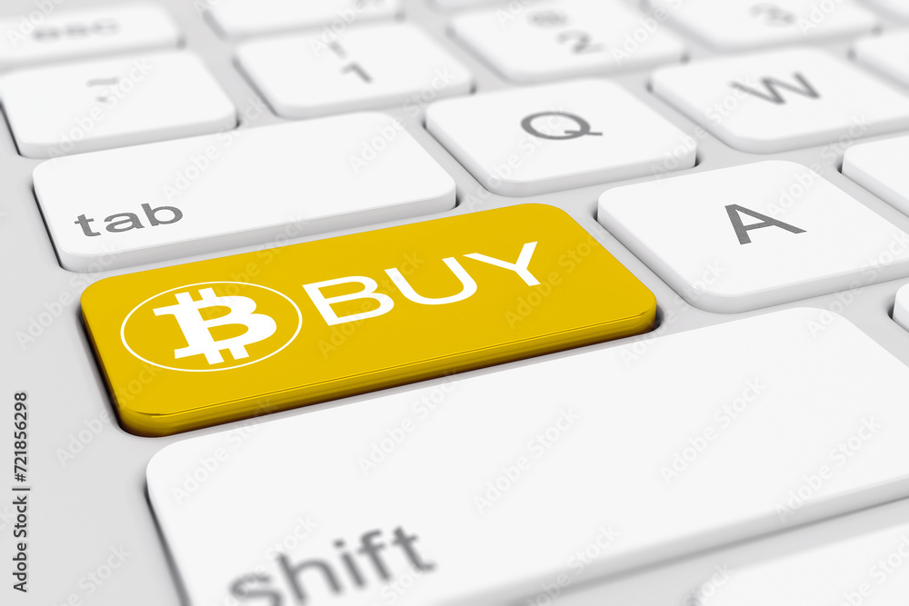 Poster 3d render of a white keyboard of a computer with a yellow key and the bitcoin logo as well as the te