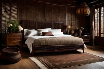 Fotobehang A fusion of Malaysian and Cambodian design in a bedroom, with a mix of dark wooden furniture, Cambodian silk bedding, and traditional Malaysian woven baskets for added texture. © ZQ Art Gallery 