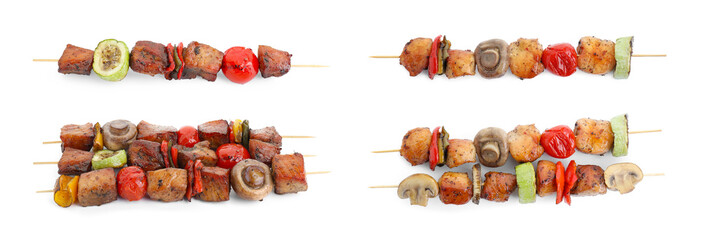 Delicious shish kebabs and vegetables isolated on white, set