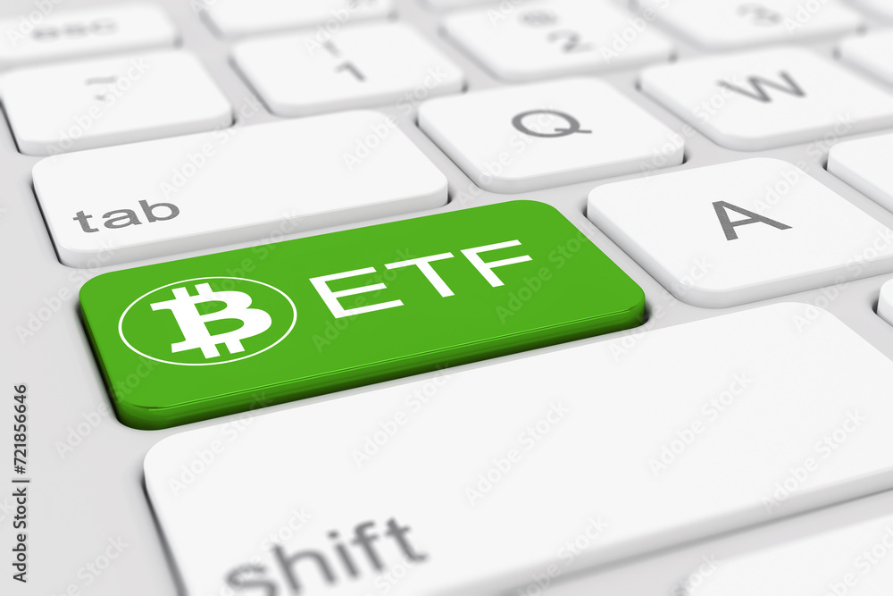 Poster 3d render of a white keyboard of a computer with a green key and the bitcoin logo as well as the tex