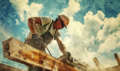 Carpenter at work. Construction worker with using electric saw to cut wood board. - obrazy, fototapety, plakaty