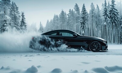 Car drifting concept on snow. Luxury cars race at high speed on snowy road