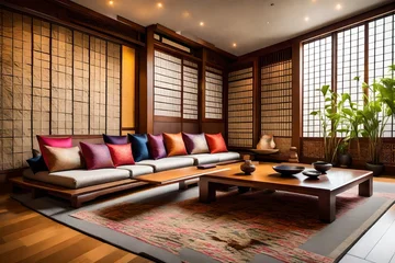 Foto op Canvas A fusion of Japanese and Thai design in a living room, showcasing a low wooden table, floor seating cushions, and a contemporary wall adorned with traditional Thai silk panels. © ZQ Art Gallery 