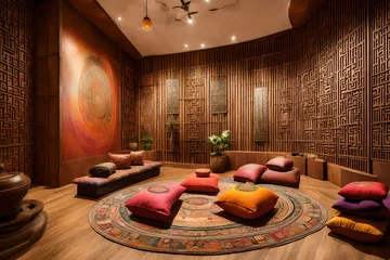 Fotobehang A fusion of Indian and South Korean design in a meditation room, with floor cushions, a blend of Ayurvedic and Korean scents, and a focal point wall adorned with spiritual artwork. © ZQ Art Gallery 