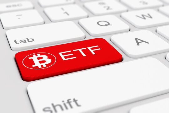 3d render of a white keyboard of a computer with a red key and the bitcoin logo as well as the text ETF - business concept.