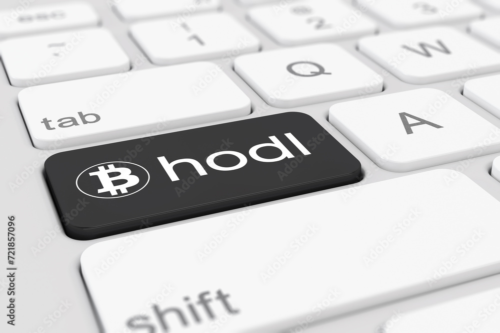 Poster 3d render of a white keyboard of a computer with a black key and the bitcoin logo as well as the tex