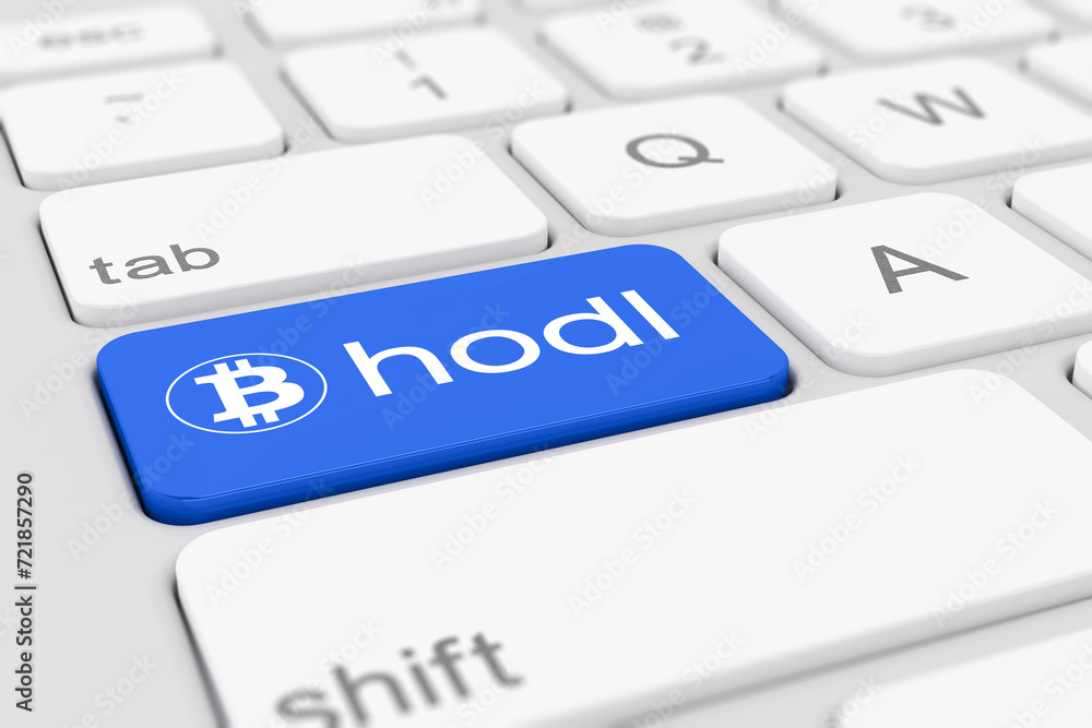 Aufkleber 3d render of a white keyboard of a computer with a blue key and the bitcoin logo as well as the text