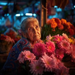 Fototapeta na wymiar afterglow, a wise old Mexican woman, National Geographic photography, Mexico, Mexican market, flowers, Mercado Jamaica, flower market
