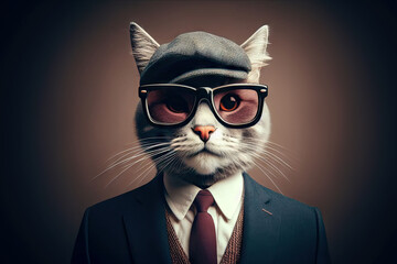 Portrait cute anthropomorphic cat in suit and glasses, furry character on a color background - obrazy, fototapety, plakaty