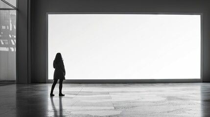 a woman watching a giant empty white screen mock-up. - obrazy, fototapety, plakaty