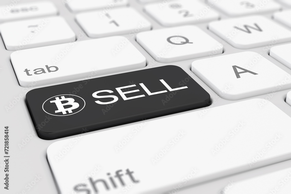Poster 3d render of a white keyboard of a computer with a black key and the bitcoin logo as well as the tex