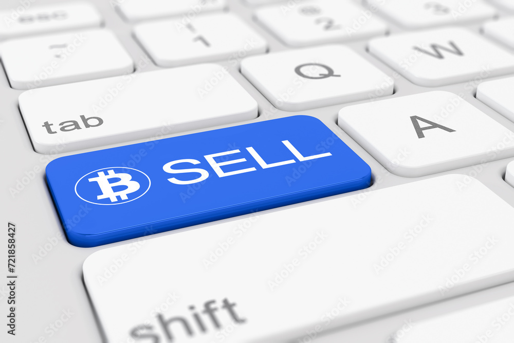 Poster 3d render of a white keyboard of a computer with a blue key and the bitcoin logo as well as the text