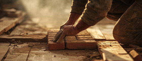 Laborer's hands carefully laying bricks, the craftsmanship of construction at sunrise