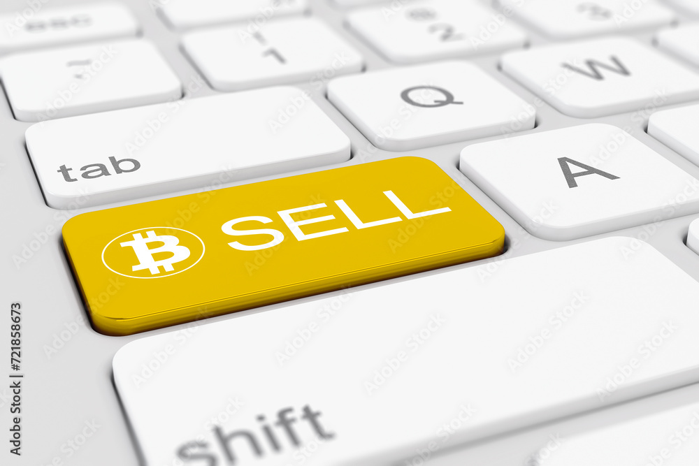 Poster 3d render of a white keyboard of a computer with a yellow key and the bitcoin logo as well as the te