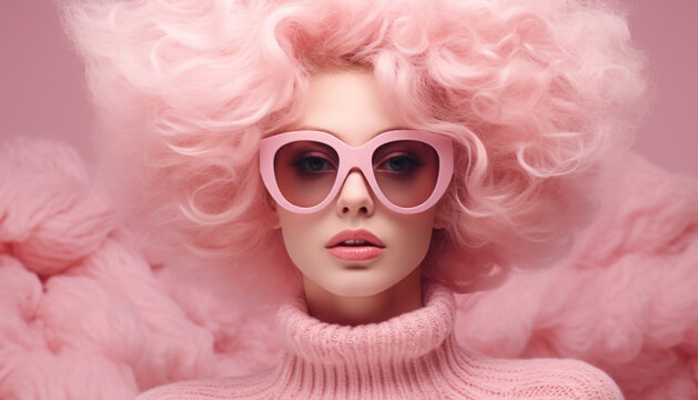 Abstract fantasy girl wearing colorful fluffy fur stole around her neck and sunglasses. Light form Studio lighting on pink background.