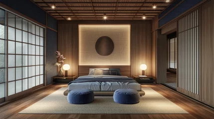 Foto op Plexiglas Fusion of Traditional Japanese Tatami Room and Modern Technology Hub in Soft Indigo and Teak. © ZQ Art Gallery 