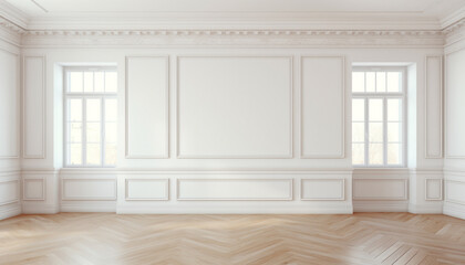 Empty room with sunlight shining, large window. White gradient soft light background of studio for artwork design.