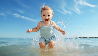 Happy baby boy with splashes of water on sea background. 