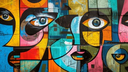 graffiti background with cubist shapes and faces, vibrant colors, grunge