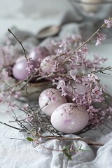 Naklejka na ściany i meble Beautiful Easter eggs in lavender color. Aesthetic photo of Easter eggs