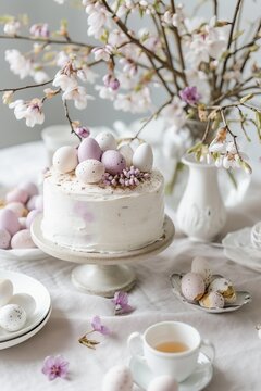 Aesthetic photo of a cake. Easter holiday. Easter cake. Food photo. Naturalistic aesthetics. Easter coolies with Easter eggs