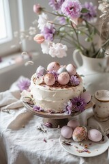 Obraz na płótnie Canvas Aesthetic photo of a cake. Easter holiday. Easter cake. Food photo. Naturalistic aesthetics. Easter coolies with Easter eggs