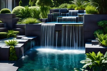 Immerse yourself in the beauty of nature with our wide banner displaying a modern water feature fountain waterfall.