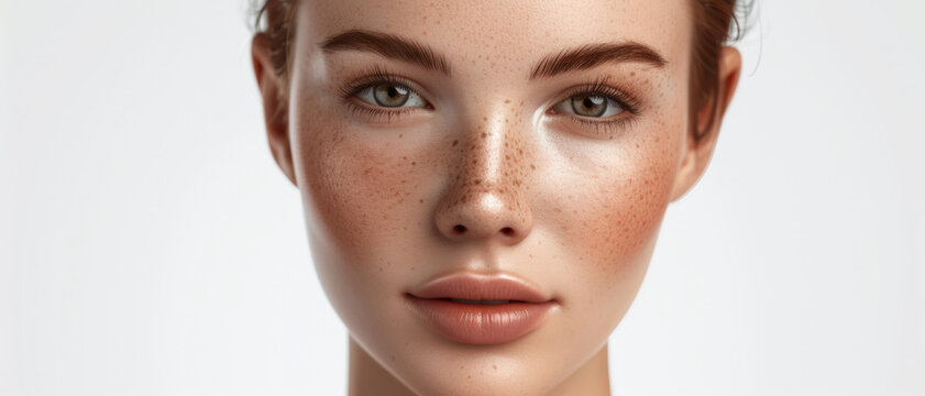 The image showcases a close-up portrait of a young woman with freckles, embodying natural beauty and simplicity