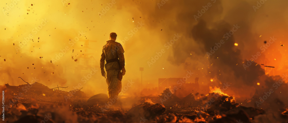 Wall mural A soldier walking towards devastation, a poignant moment amidst chaos and destruction.