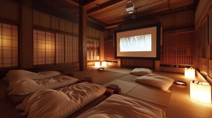 Traditional Japanese Noh Theater-Inspired Home Theater a?" Tatami Seating, Shoji Screens, and Bamboo Floor Mats.