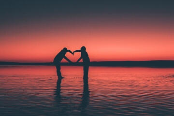 Lovers live their love in a fascinating sunset