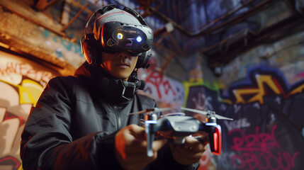 an FPV drone operator in action, intensely focused as they navigate their drone