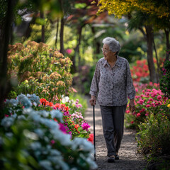 Graceful Aging: Full Body Portrait of a Senior Lady  with Walking Stick in a Floral Haven Amidst Blooms
Garden Walk