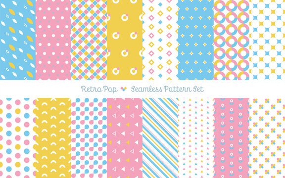 Seamless retro pop cute geometric textile pattern vector set