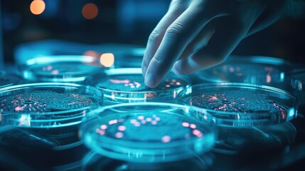 Naklejka premium Close-up scientist conducting research of medicine lab and pharma production, chemistry genetic lab, nanomaterial research, AI generated, copy space for text