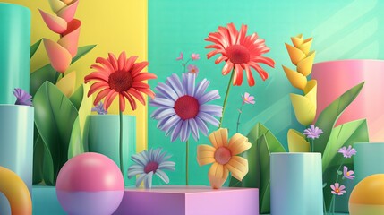 3d render style vibrant color flowers and geometric shapes, abstract