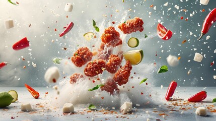 A dramatic presentation of spicy crispy fried chicken with an explosion of spices and breading, captured in a high-speed photograph.