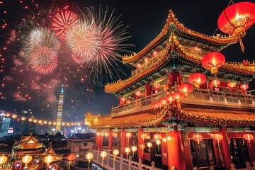 Fototapeta premium Spectacular fireworks burst over a traditional Chinese temple adorned with red lanterns, capturing the essence of Lunar New Year celebrations.