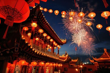 Spectacular fireworks burst over a traditional Chinese temple adorned with red lanterns, capturing the essence of Lunar New Year celebrations.