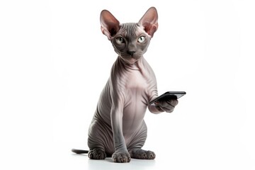 Sphynx Cat with Smartphone; Hairless Cat Tech Interaction; Feline Using Modern Device