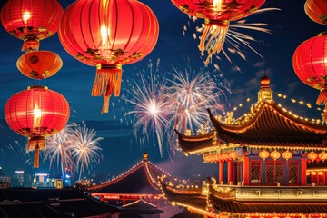 Spectacular fireworks burst over a traditional Chinese temple adorned with red lanterns, capturing the essence of Lunar New Year celebrations.