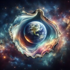 Earth as a pearl in a cosmic space oyster shell, this represents the phrase 
