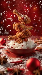A dramatic presentation of spicy crispy fried chicken with an explosion of spices and breading, captured in a high-speed photograph.