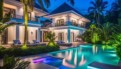 Papier Peint photo autocollant Spa Luxury villa with tropical pool and exquisite architecture in a lush green garden, ripples on the water, mysterious evening lighting, tropical resort holiday and vacation concept,